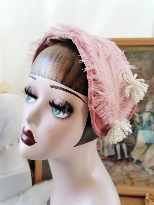 sundayhalo Antique Pink Feather Pearl Flower Bridal Fascinator — Vintage Headpiece