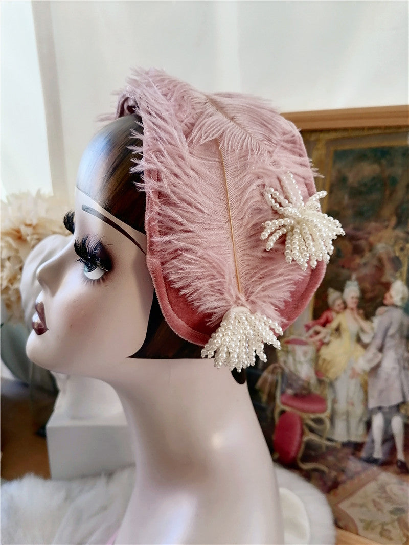 sundayhalo Antique Pink Feather Pearl Flower Bridal Fascinator — Vintage Headpiece