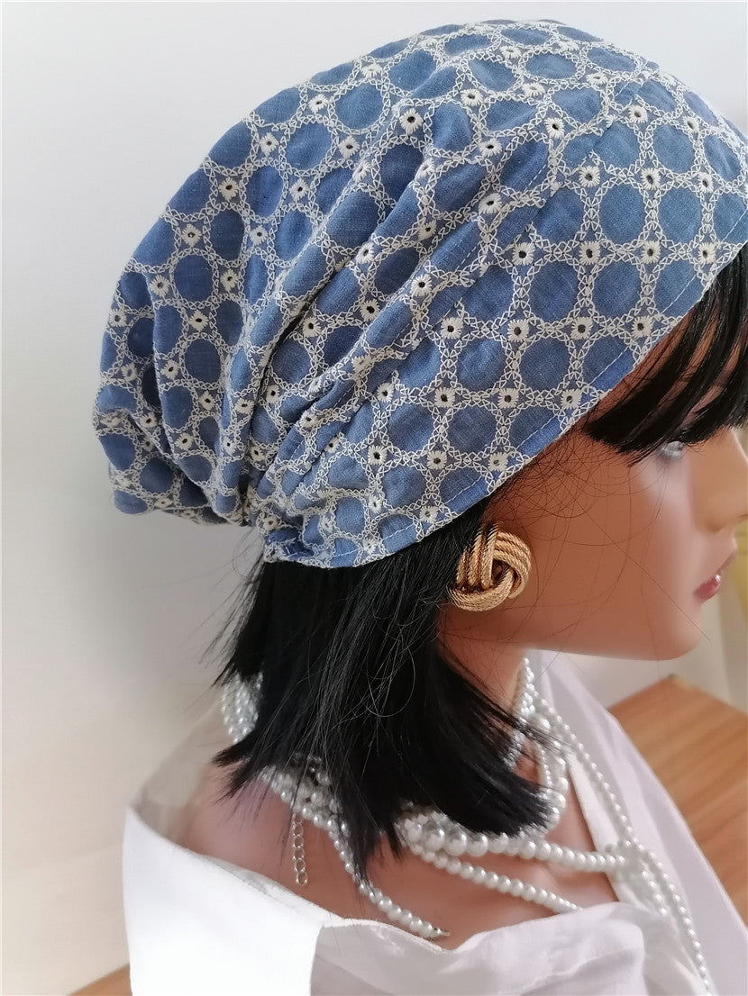 sundayhalo Blue‑White Embroidered Slouchy Turban Hat