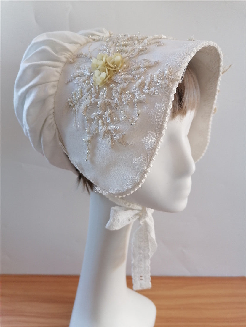sundayhalo White Lace Floral Medieval Bonnet, Cotton Vintage Sun Hat for Ladies