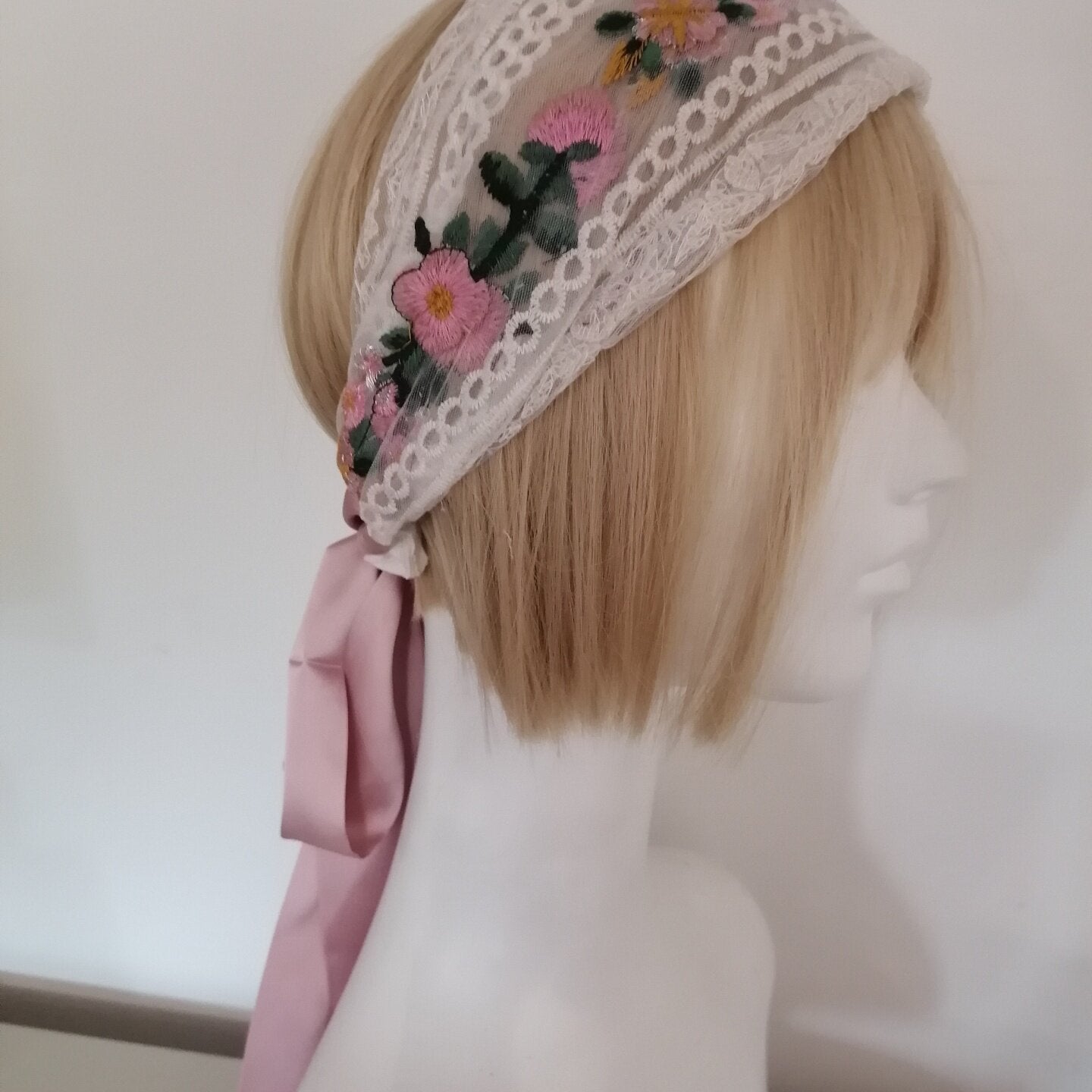 sundayhalo Forest‑Style Pink Flower Embroidery Lace Headband, Women Tie‑Up Ribbon Hair Wrap
