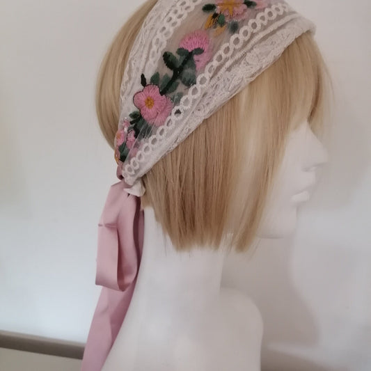 sundayhalo Forest‑Style Pink Flower Embroidery Lace Headband, Women Tie‑Up Ribbon Hair Wrap