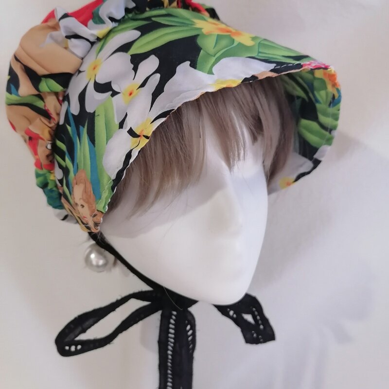 sundayhalo Vintage Pin‑up Girl Print Cotton Bonnet, Wide Brim Soft Sun Hat
