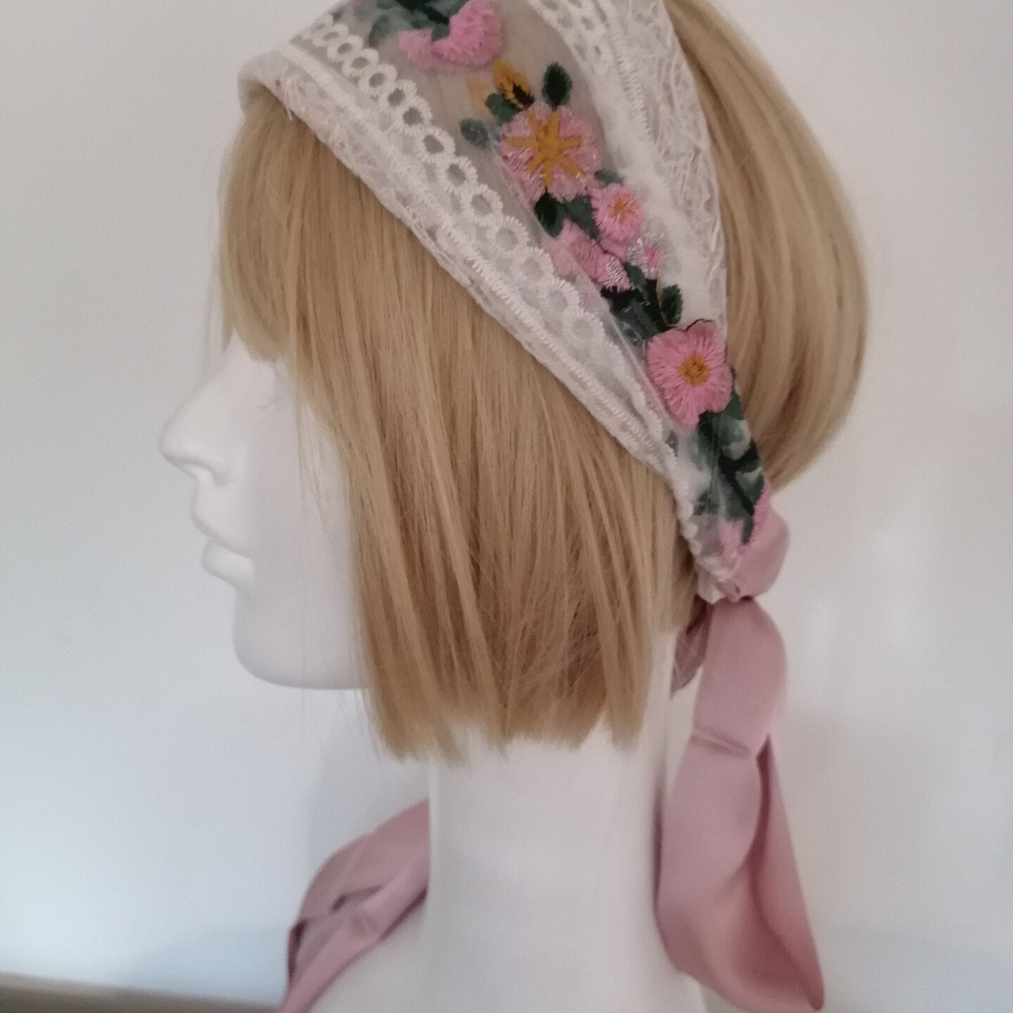 sundayhalo Forest‑Style Pink Flower Embroidery Lace Headband, Women Tie‑Up Ribbon Hair Wrap