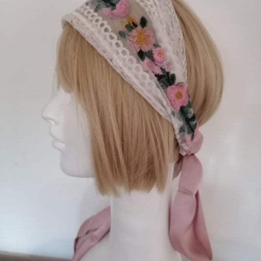 sundayhalo Forest‑Style Pink Flower Embroidery Lace Headband, Women Tie‑Up Ribbon Hair Wrap