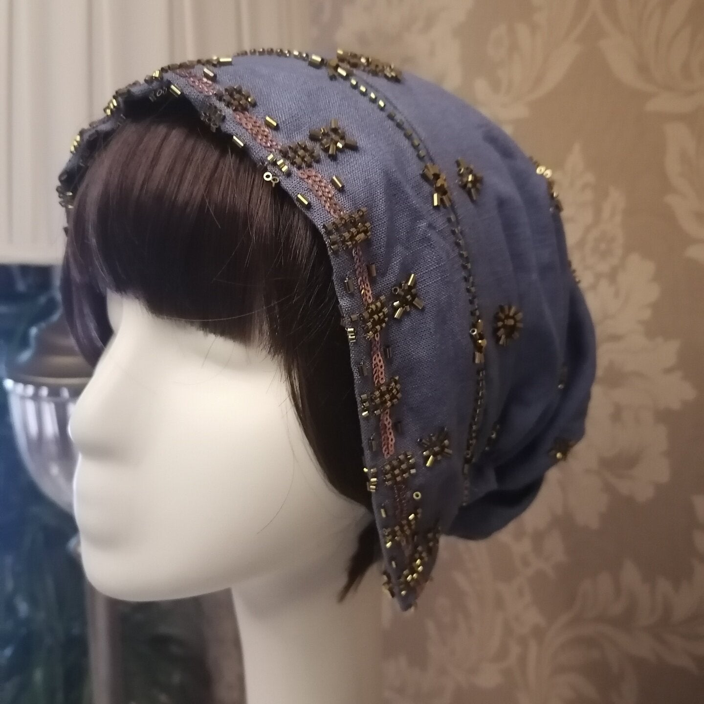 sundayhalo Retro Hand‑Stitched Beaded Linen Head Wrap