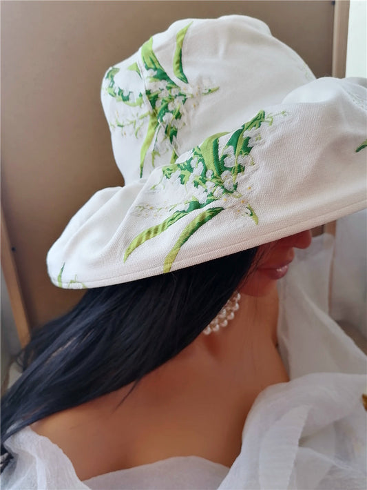 sundayhalo Floral Print Oversized Sun Hat, Puffy Structured Brim Vintage‑Style