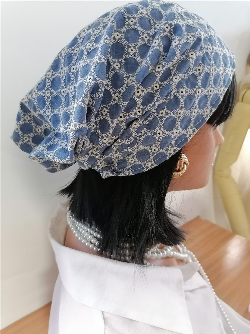 sundayhalo Blue‑White Embroidered Slouchy Turban Hat