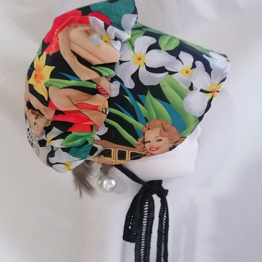 sundayhalo Vintage Pin‑up Girl Print Cotton Bonnet, Wide Brim Soft Sun Hat