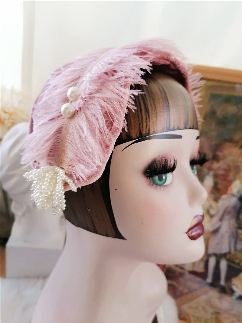 sundayhalo Antique Pink Feather Pearl Flower Bridal Fascinator — Vintage Headpiece