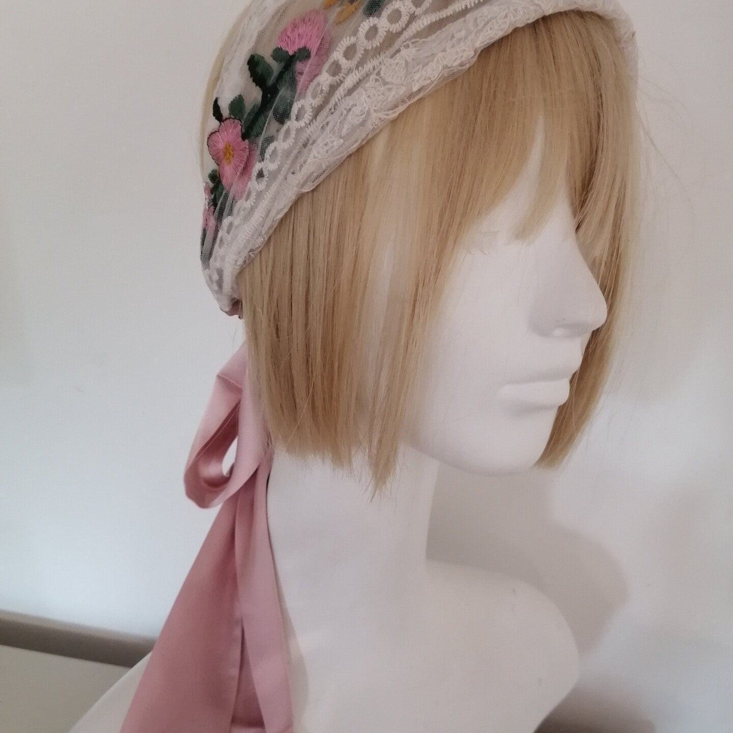 sundayhalo Forest‑Style Pink Flower Embroidery Lace Headband, Women Tie‑Up Ribbon Hair Wrap