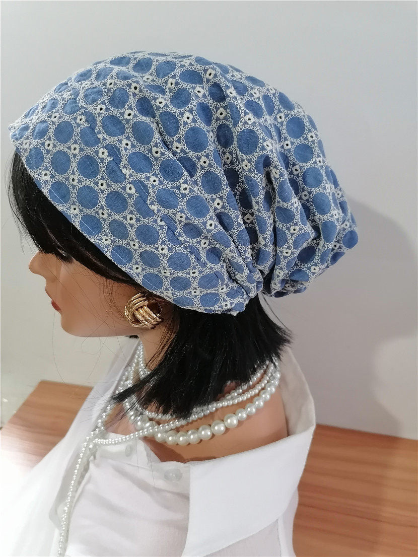 sundayhalo Blue‑White Embroidered Slouchy Turban Hat