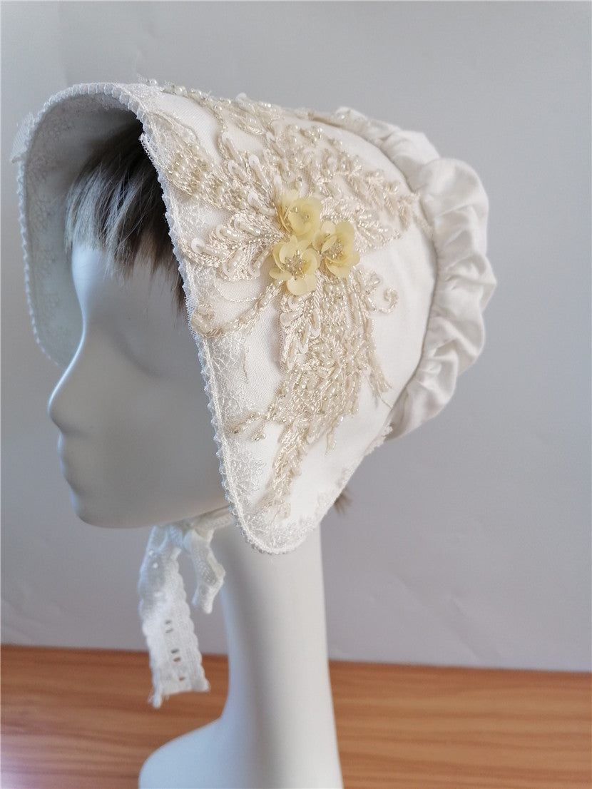 sundayhalo White Lace Floral Medieval Bonnet, Cotton Vintage Sun Hat for Ladies