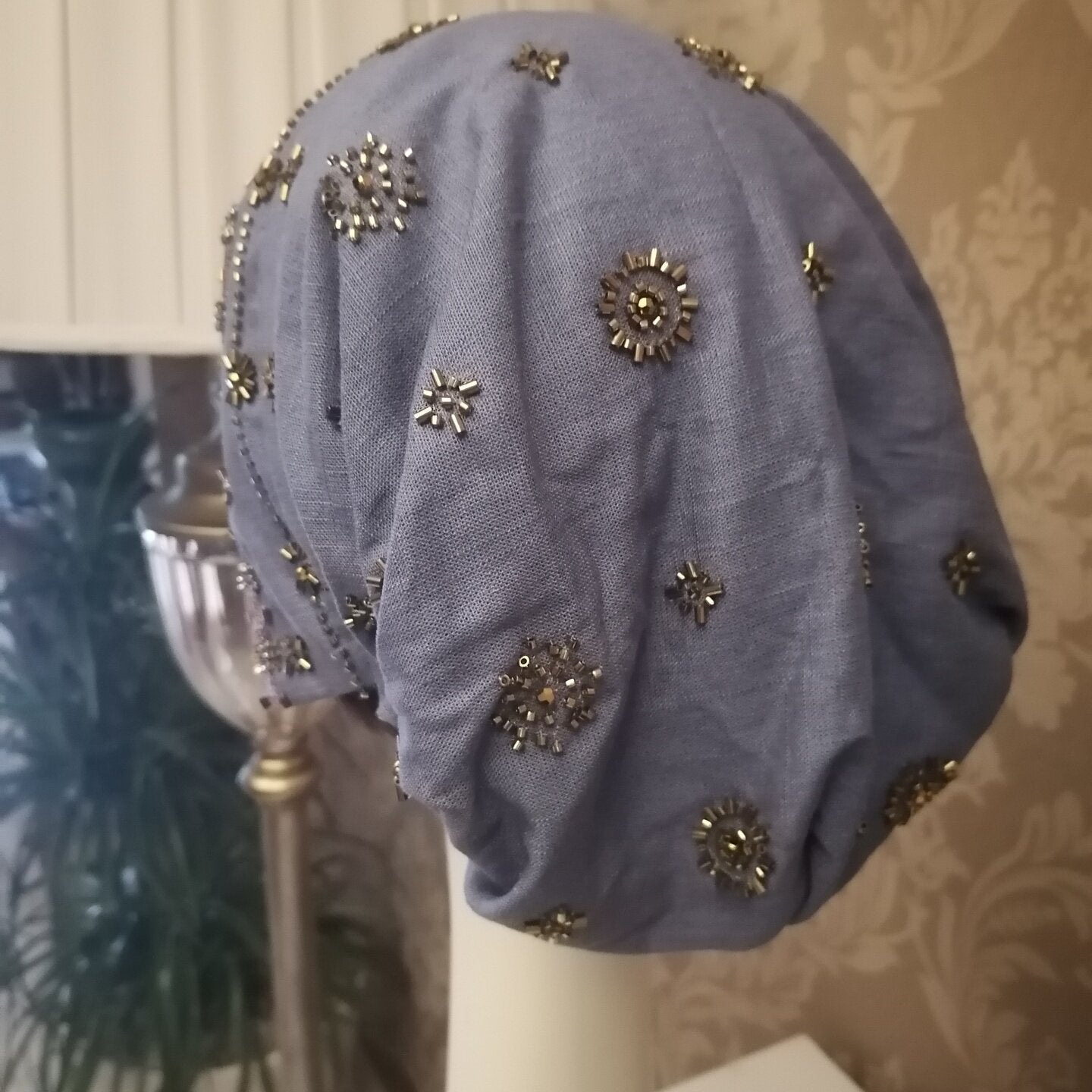 sundayhalo Retro Hand‑Stitched Beaded Linen Head Wrap