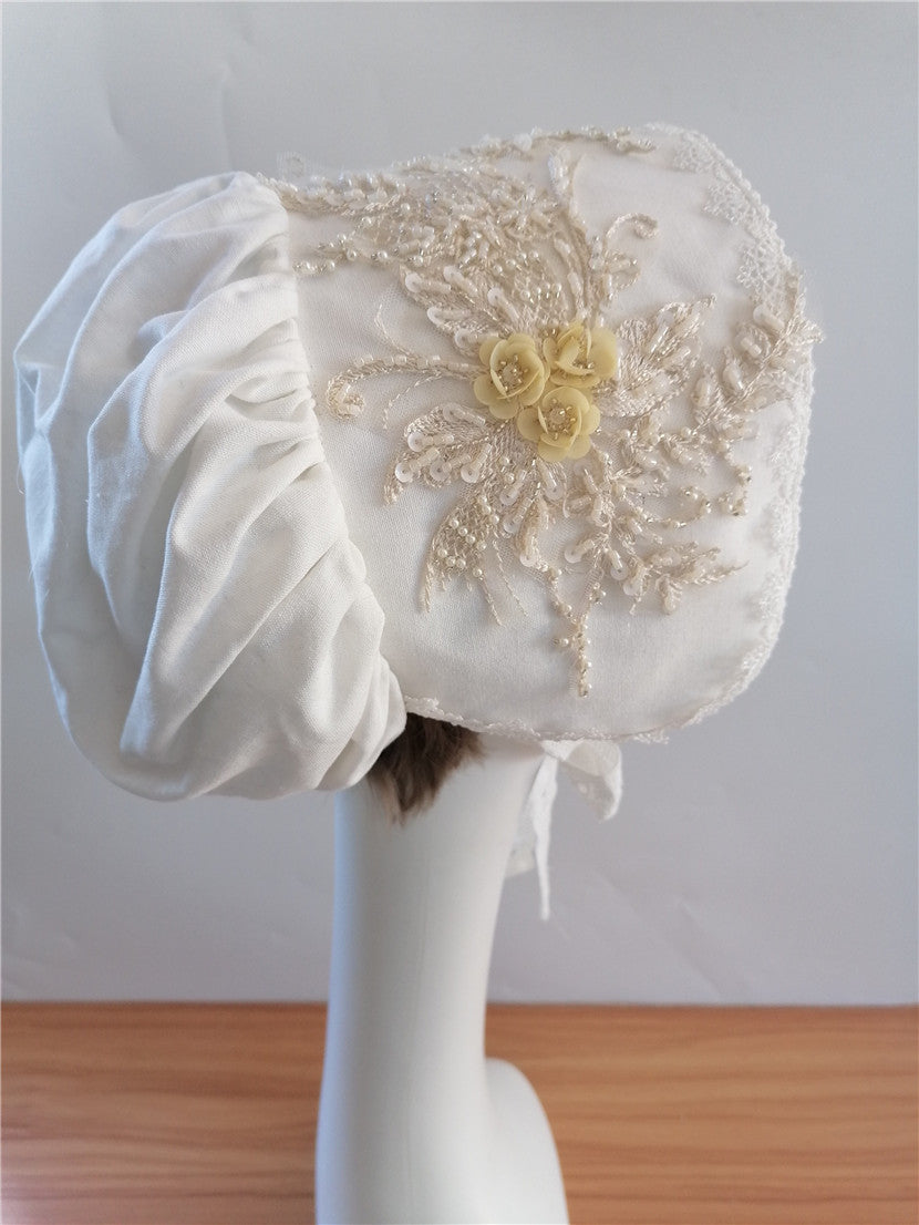 sundayhalo White Lace Floral Medieval Bonnet, Cotton Vintage Sun Hat for Ladies