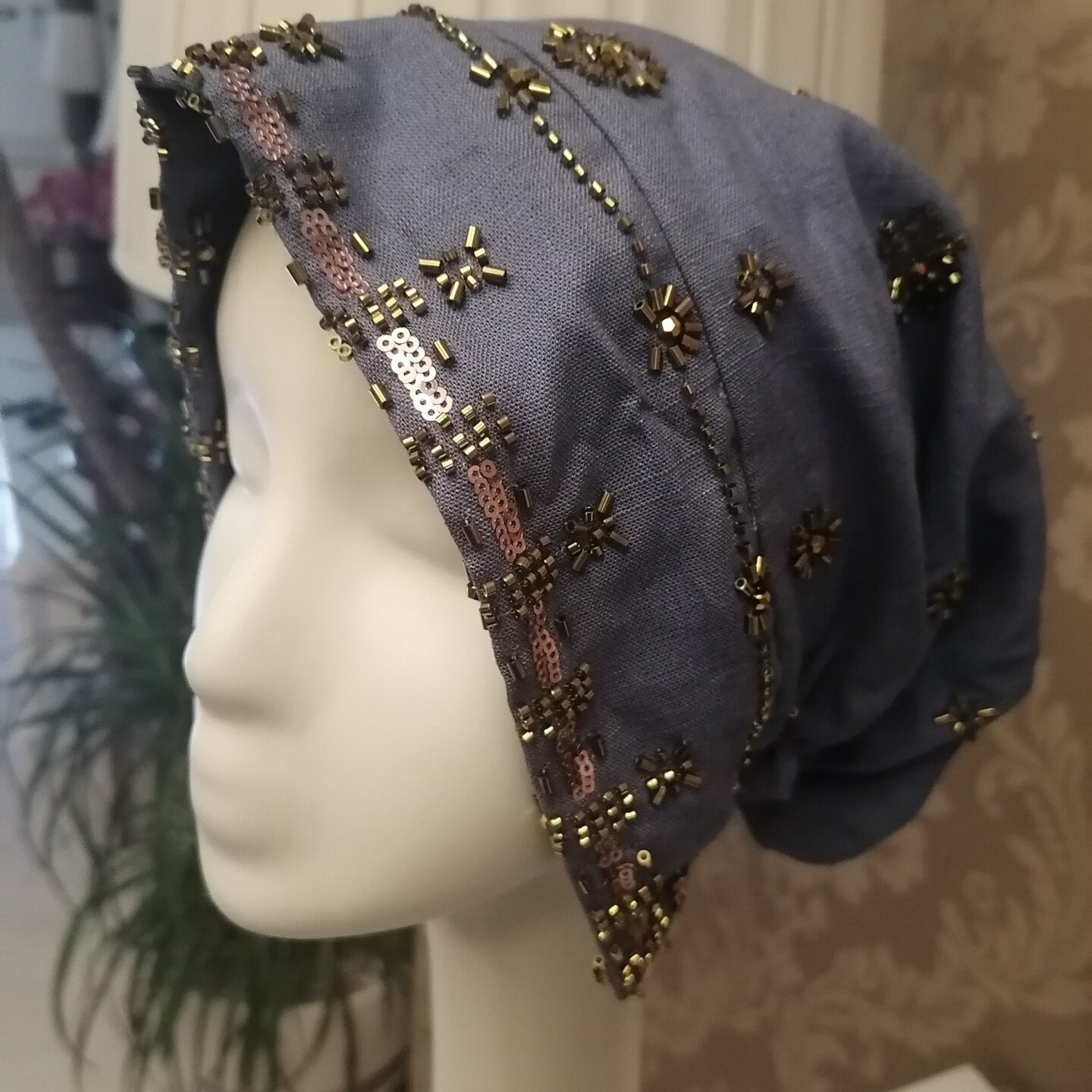 sundayhalo Retro Hand‑Stitched Beaded Linen Head Wrap