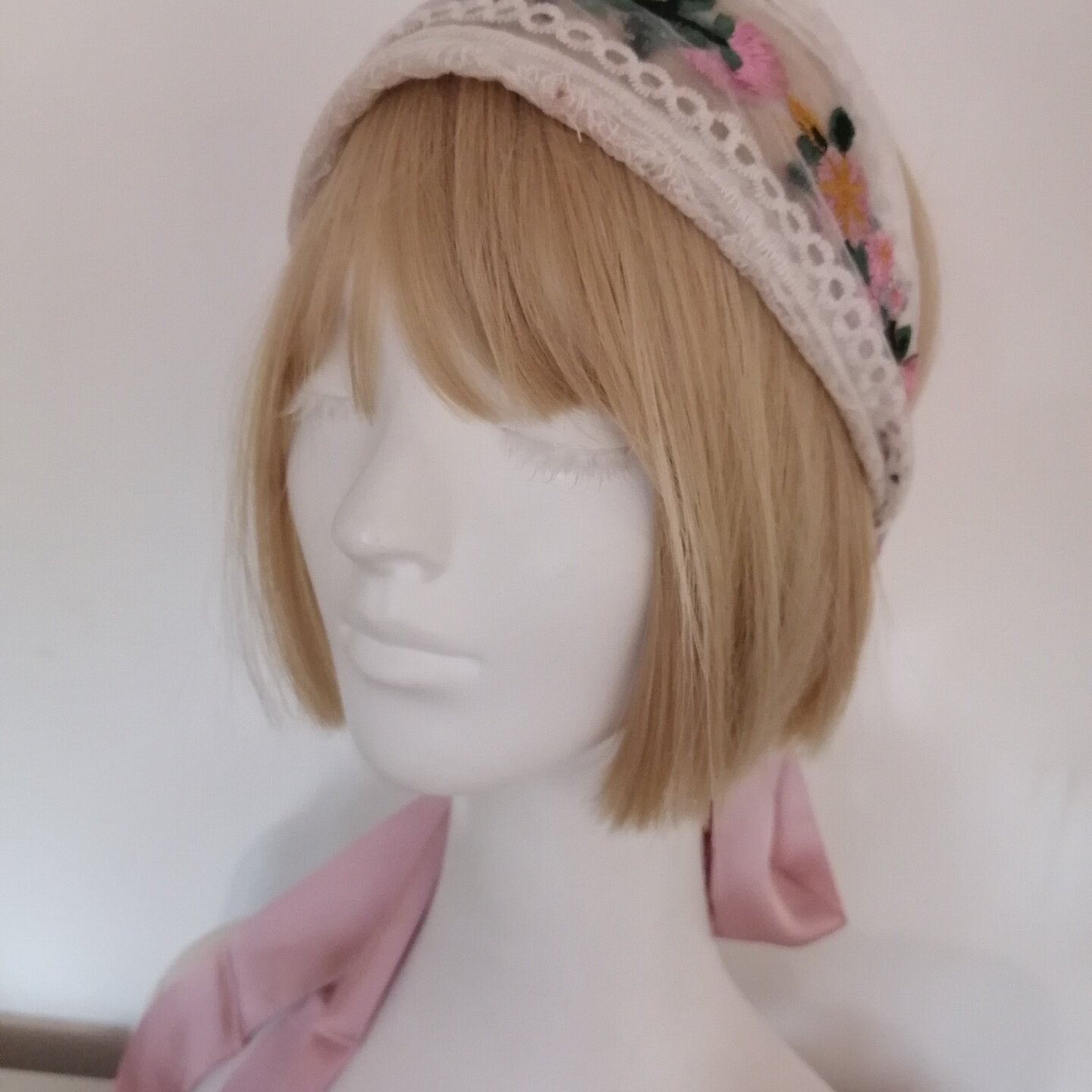 sundayhalo Forest‑Style Pink Flower Embroidery Lace Headband, Women Tie‑Up Ribbon Hair Wrap