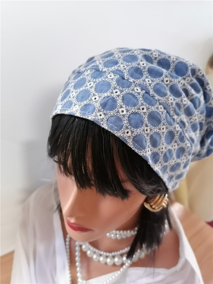 sundayhalo Blue‑White Embroidered Slouchy Turban Hat