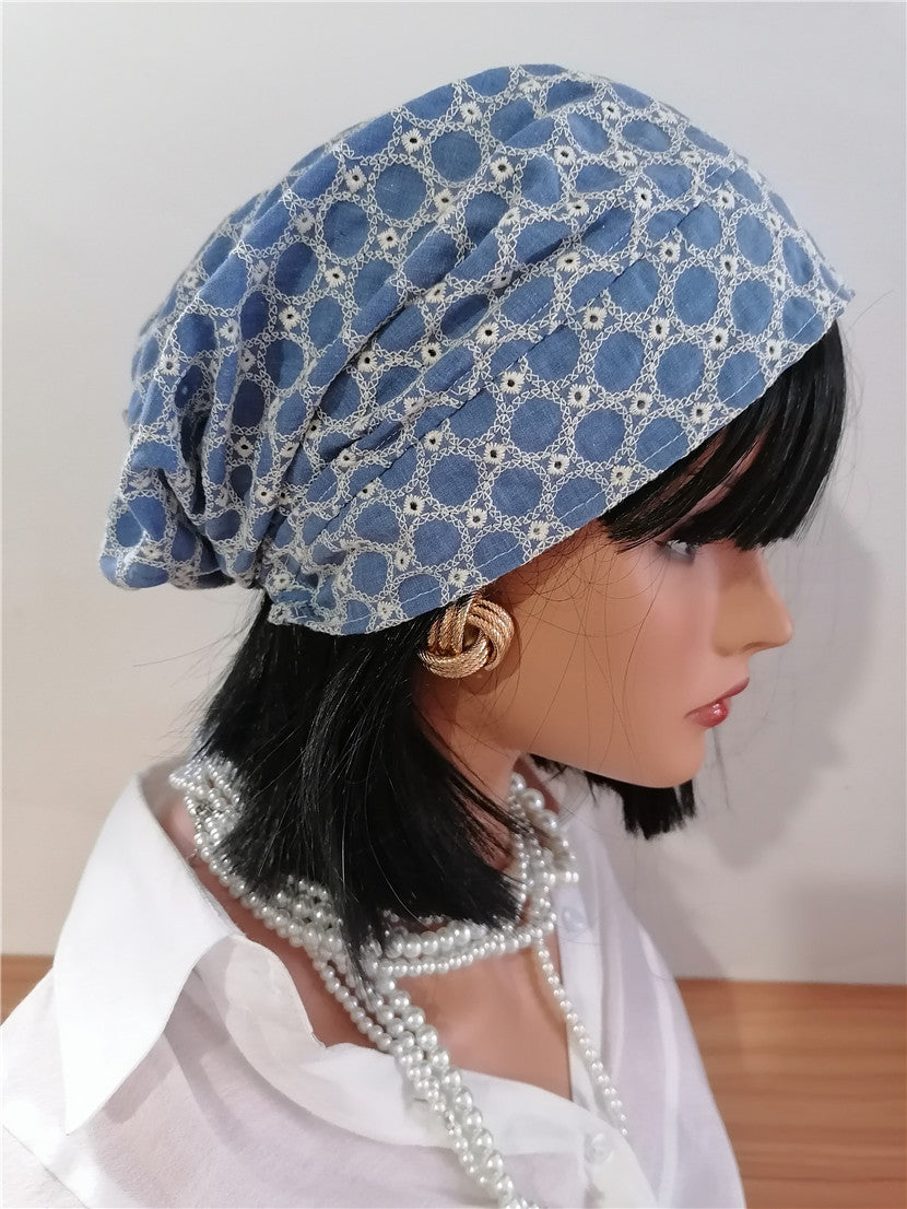 sundayhalo Blue‑White Embroidered Slouchy Turban Hat