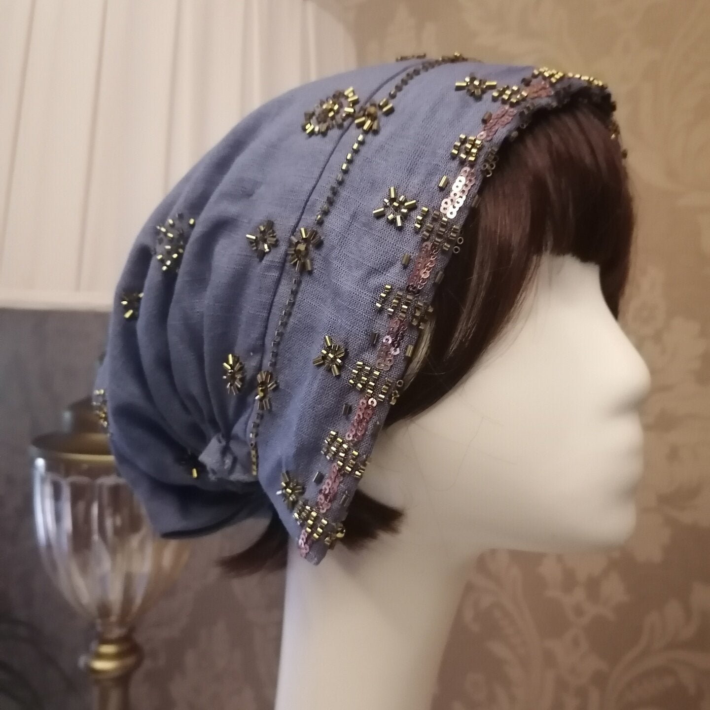 sundayhalo Retro Hand‑Stitched Beaded Linen Head Wrap