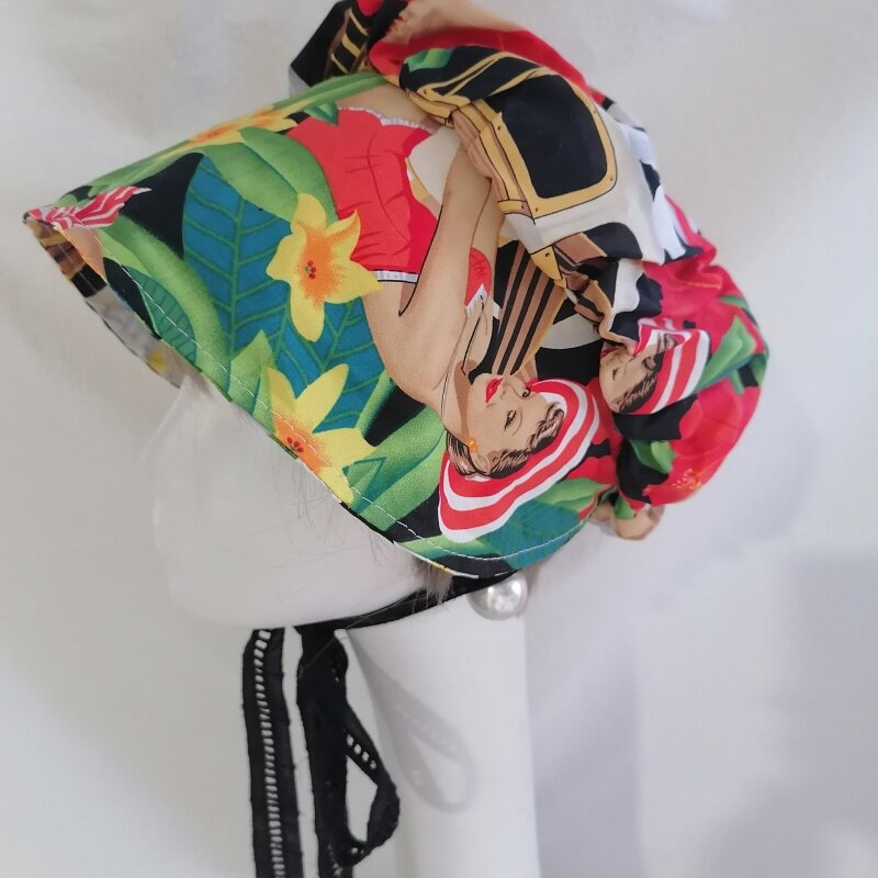 sundayhalo Vintage Pin‑up Girl Print Cotton Bonnet, Wide Brim Soft Sun Hat