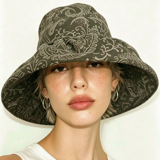 sundayhalo Retro Patterned Large Brim Sun Hat, Women UV‑Protection Bucket Hat for Vacation